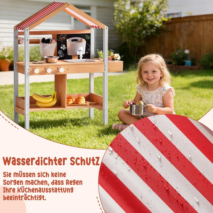 ROBUD Matschküche Outdoor Holz mit Sonnendach, Spielküche Kinder Matschküche im Freien mit Pflanzkas