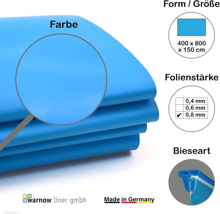 Premium Poolfolie für Styroporpool, 800 cm x 400 cm x 150 cm, Stärke: 0,8mm, blau, Keilbiese