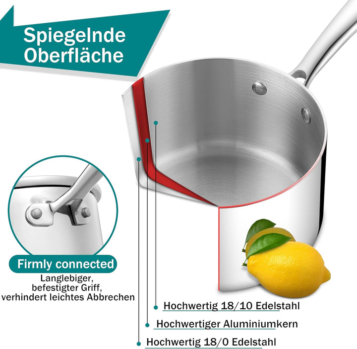 Homikit Stielkasserolle, 3-Lagen Edeastahl 14cm Kasserolle mit Glasdeckel, Klein Kochtopf Milchtopf