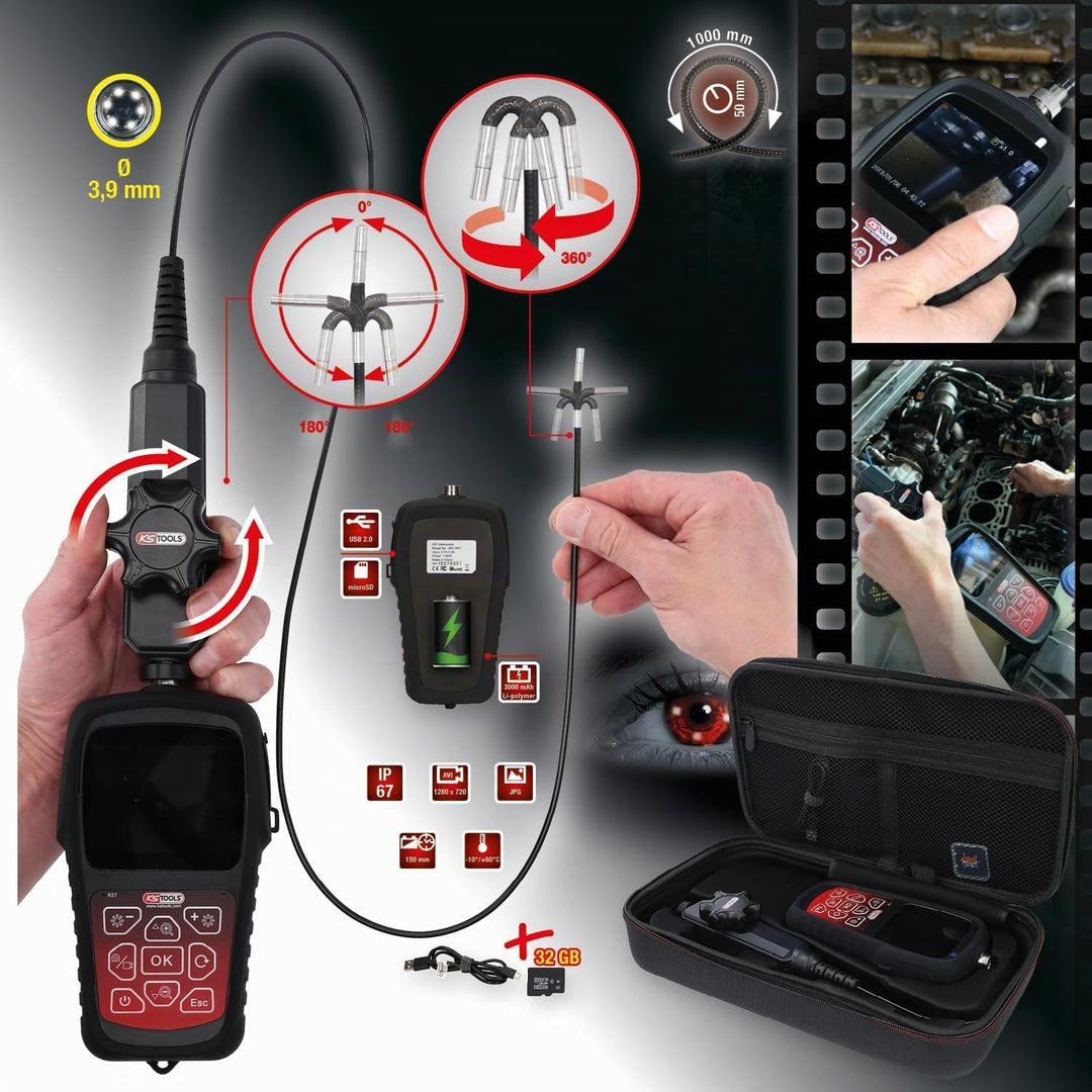 KS Tools 550.7550 HD-Videoskop-Satz mit Ø 3,9 mm 180° und 0° HD Frontkamera-Sonde, flexible PVC Hüll