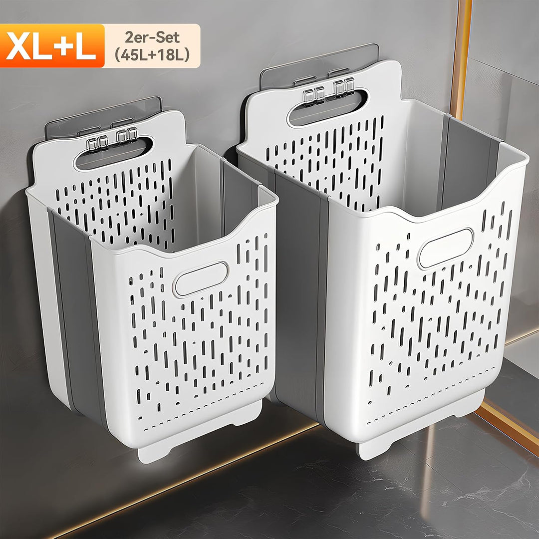 Faltbarer Wäschekorb 2er Set, Wandmontage, bodenstehend mit Griff, 45L+18L | faltbarer wäschekorb