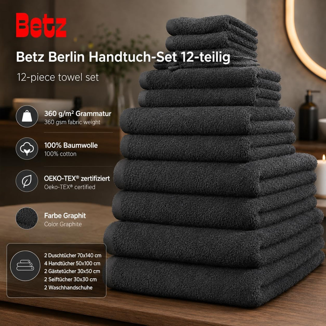 Betz 12 TLG. Handtuch Set Berlin 100% Baumwolle 2 Liegetücher 4 Handtücher 2 Gästetücher 2 Seiflappe