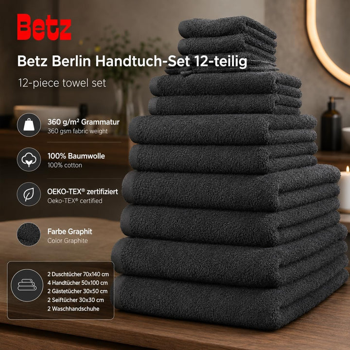 Betz 12 TLG. Handtuch Set Berlin 100% Baumwolle 2 Liegetücher 4 Handtücher 2 Gästetücher 2 Seiflappe