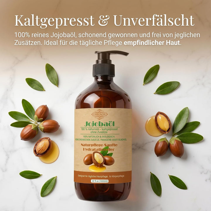 Jojobaöl, 1000 ml, 100% Naturrein &amp; Kaltgepresst, ohne Zusätze, für Haut-, Haar- &amp; Nagelpflege, mit