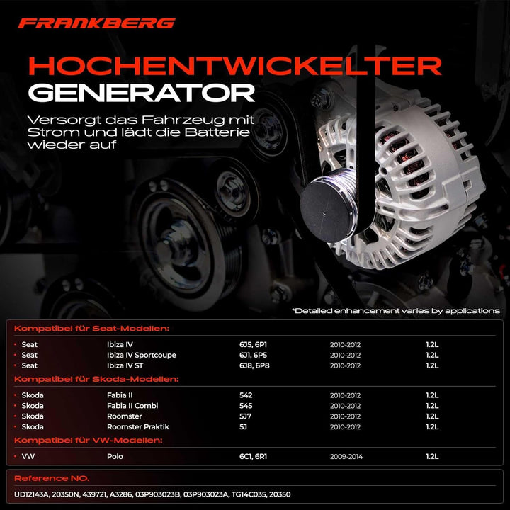Frankberg Alternator Lichtmaschine Generator Kompatibel mit Ibiza IV 1.2TDi 2010-2012 Fabia II 1.2TD