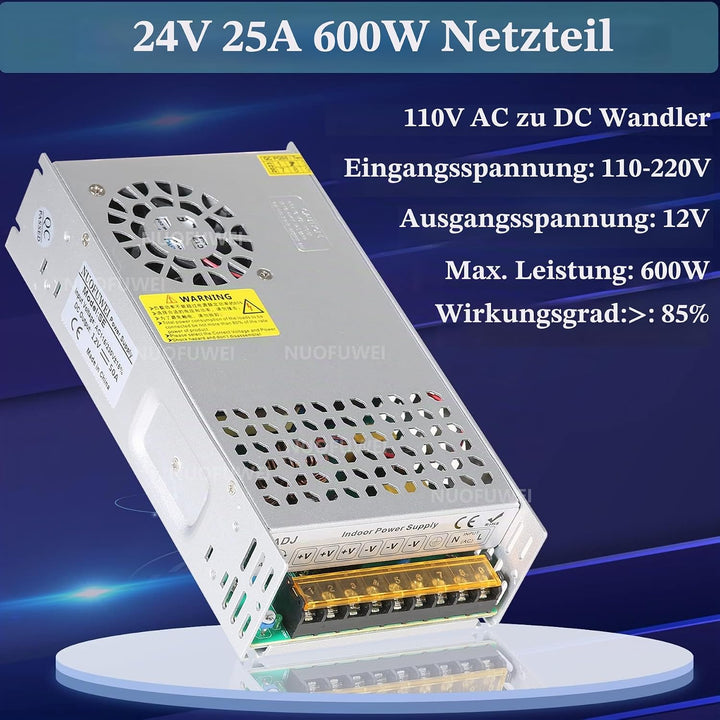 NUOFUWEI DC 24V 25A 600W Netzteil Transformator Schalternetzteil 230V AC auf DC 24Volt 25A Netzteil