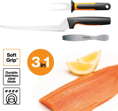 Fiskars Fischbearbeitungs-Set, Functional Form, Inklusive Filetiermesser, Fischspiess und Fischgräte