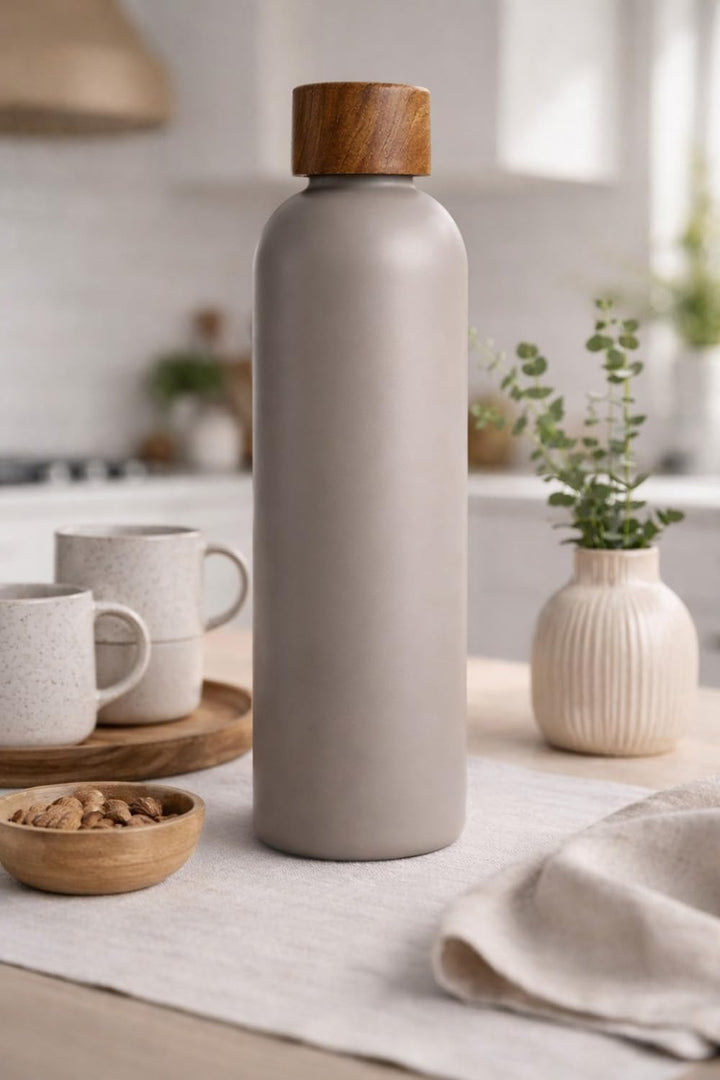 T&amp;N Edelstahl Trinkflasche 1 Liter, Thermosflasche 1l mit Akazienholz Deckel, Isolierte Wasserflasch