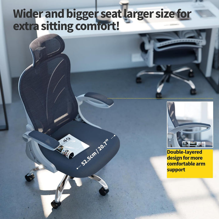 HOLLUDLE Ergonomischer Bürostuhl mit Klappbarer Rückenlehne, Schreibtischstuhl mit 2D Kopfstütze, Ho