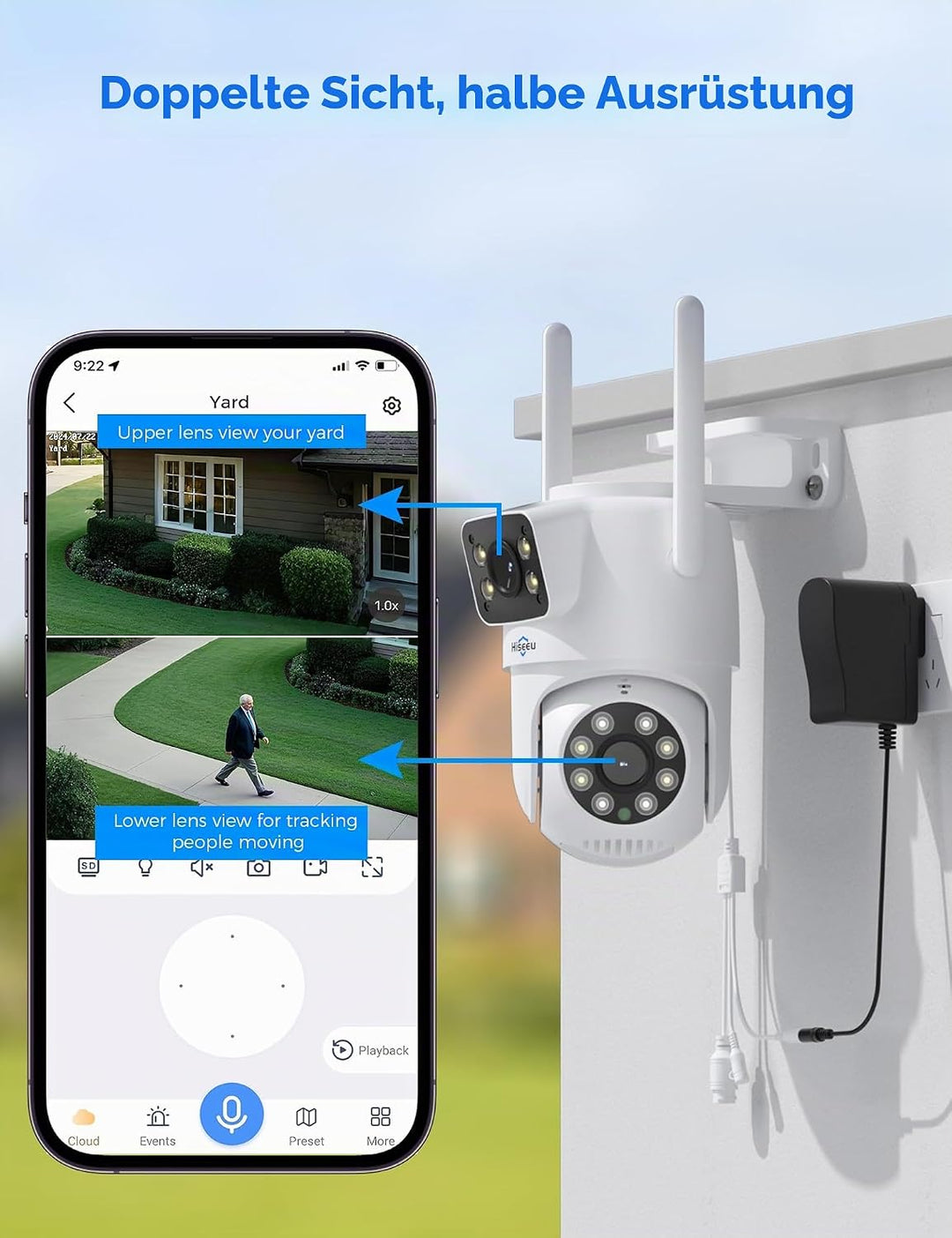 Hiseeu 3MP WLAN Überwachungskamera Aussen Set mit 10CH NVR mit 1TB HDD,4 Dualobjektiv Kabellose Kame