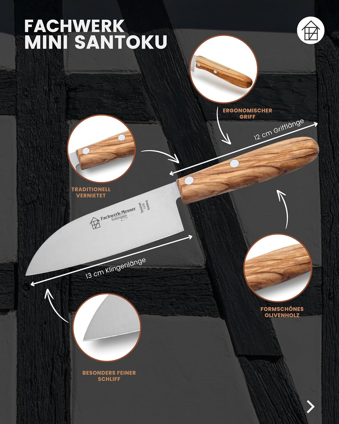 Fachwerk-Messer Mini Santoku-Messer - Kochmesser aus Solingen/Germany - Allzweckmesser/Universalmess
