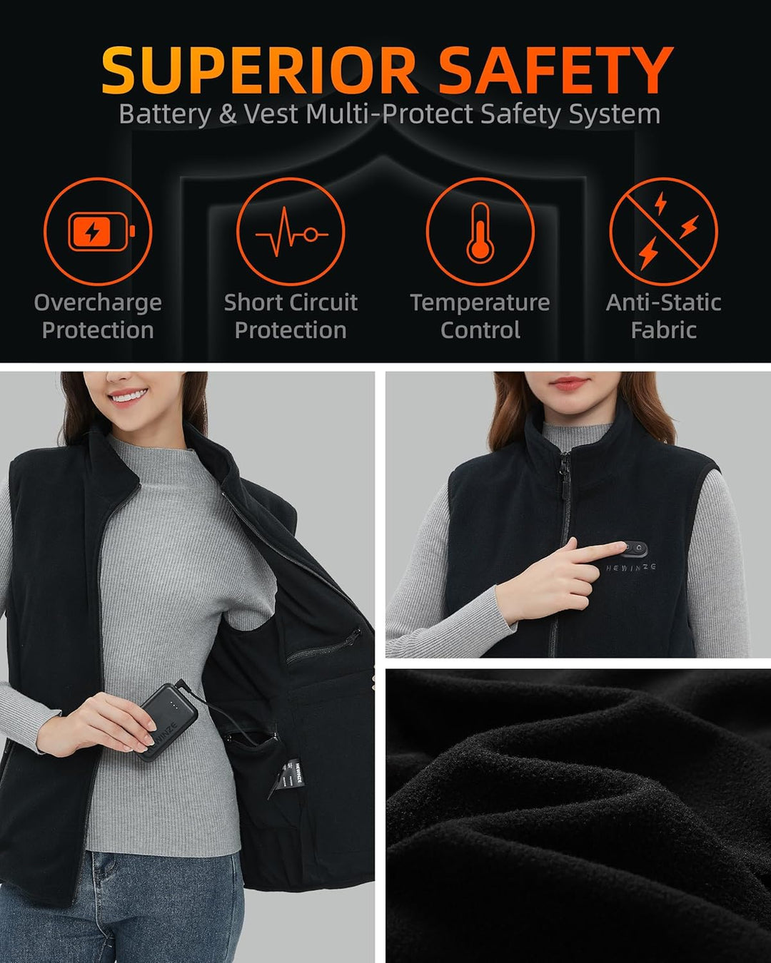 HEWINZE Fleece Beheizbare Weste Herren - Wärme weste mit akku 7.4V, heizweste jagd 7.4v-(stil A)dame