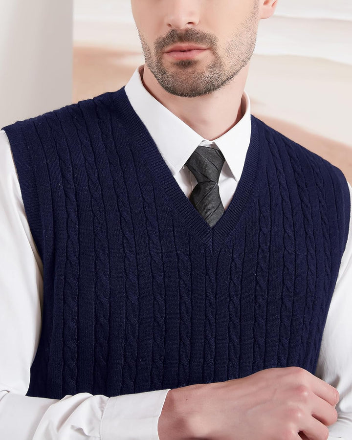 Kallspin Herren Strickweste Pullunder Ärmellos Zopfstrick V-Ausschnitt aus Wollmischung M Marineblau