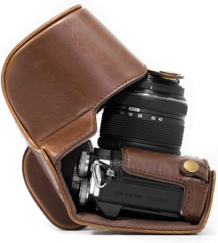 MegaGear Ever Ready Leder Kameratasche mit Trageriemen kompatibel mit Olympus OM-D E-M10 Mark II, E-