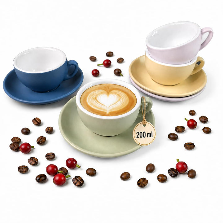 Cappuccino Tassen 4er Set, 200 ml, Bunt Matt, Dickwandig