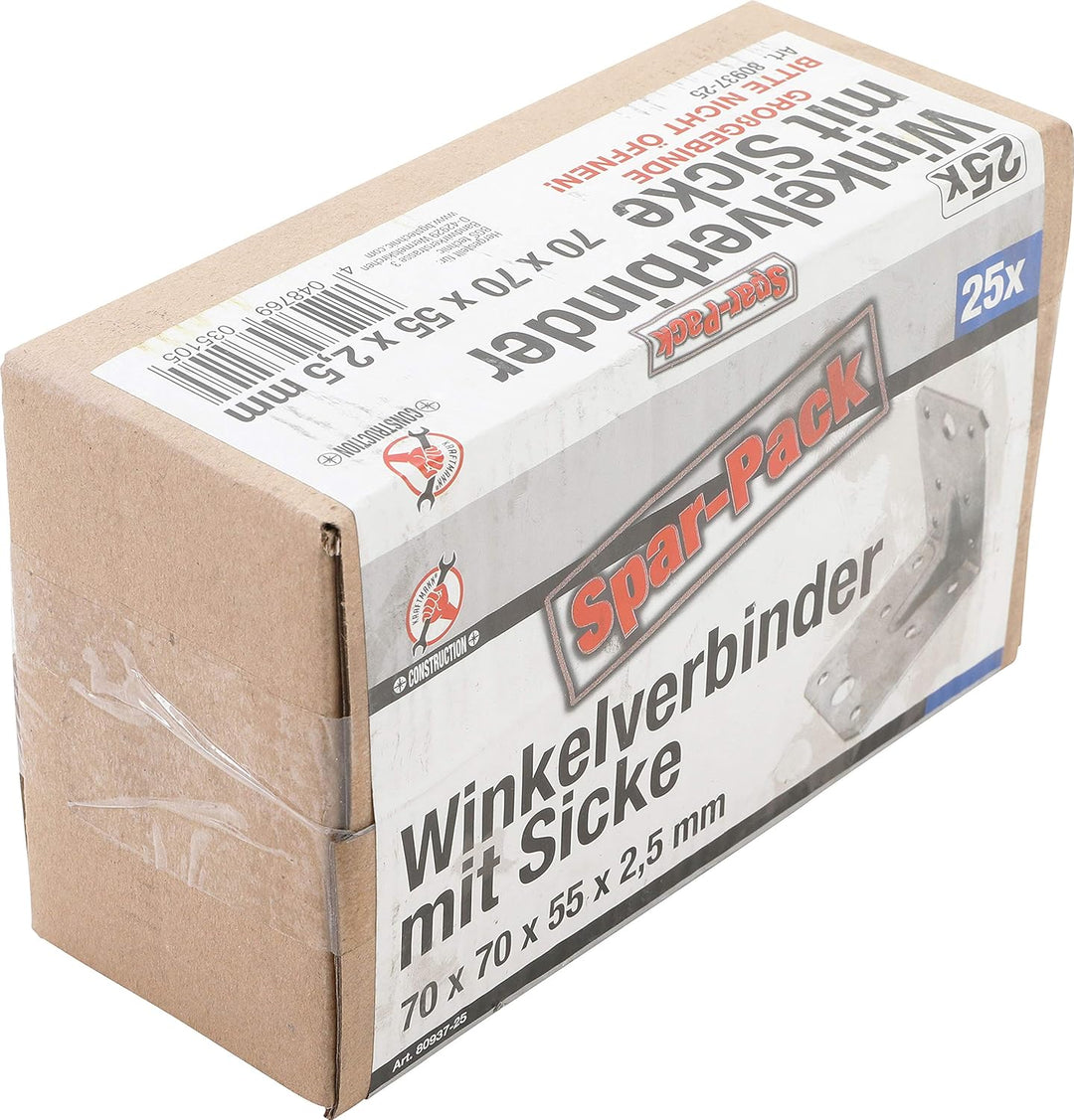 BGS Diy 80937-25 | Winkelverbinder | 25 Stück | mit Sicke | 70 x 70 x 55 x 2,5 mm | Spar-Pack | verz