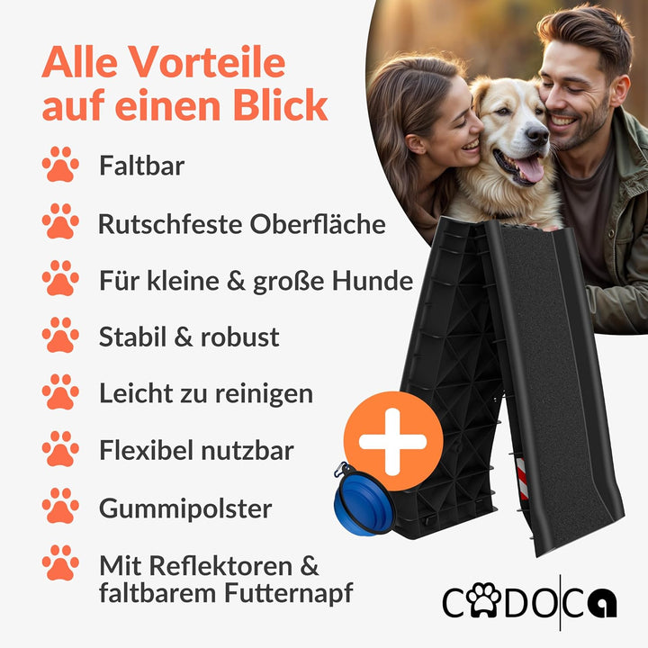 Hunderampe Auto klappbar 90kg kompakt 156x40cm Tragegriff Sicherungsbügel Reflektoren Trinknapf Hund