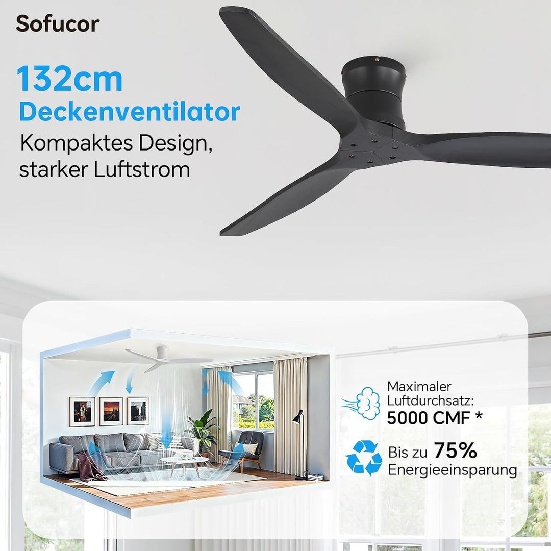 Sofucor 132cm Deckenventilator mit Fernbedienung, Massivholz Deckenventilator ohne Licht, Leise DC M