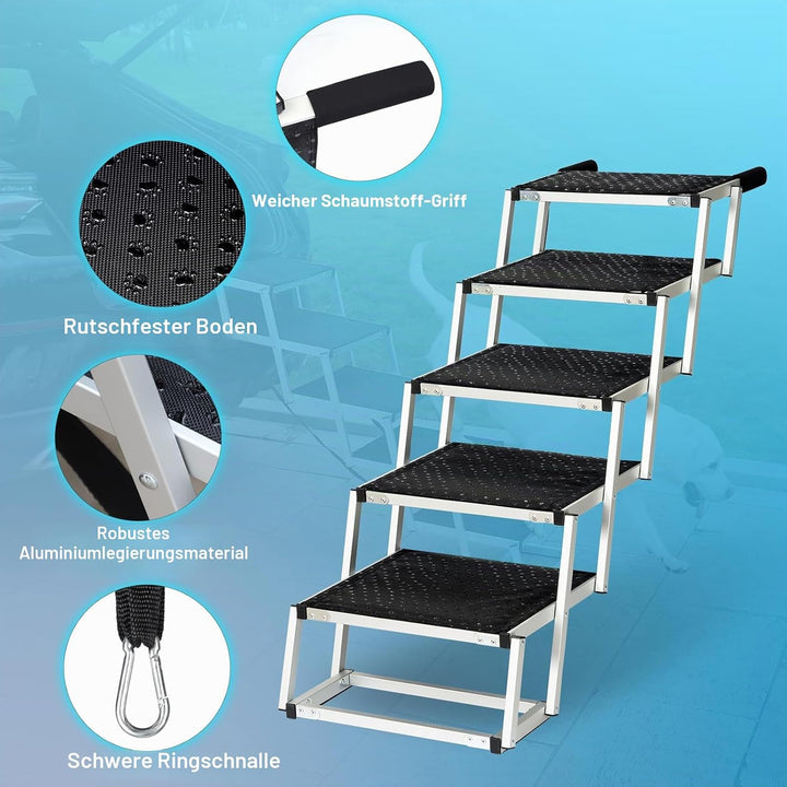 Uross Hundetreppe für Auto - 5 Stufen Zusammenklappbare Rampe für Auto und SUV, Aluminium-Treppe für