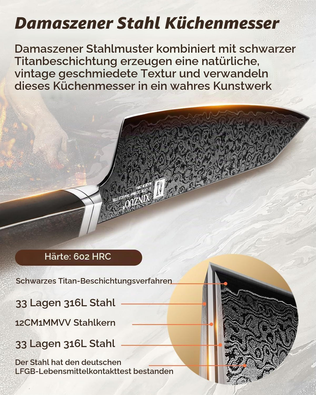 XINZUO 21cm Kiritsuke Kochmesser 67 Schichten Damaststahl Handgeschmiedet Chefmesser, Schwarze Titan