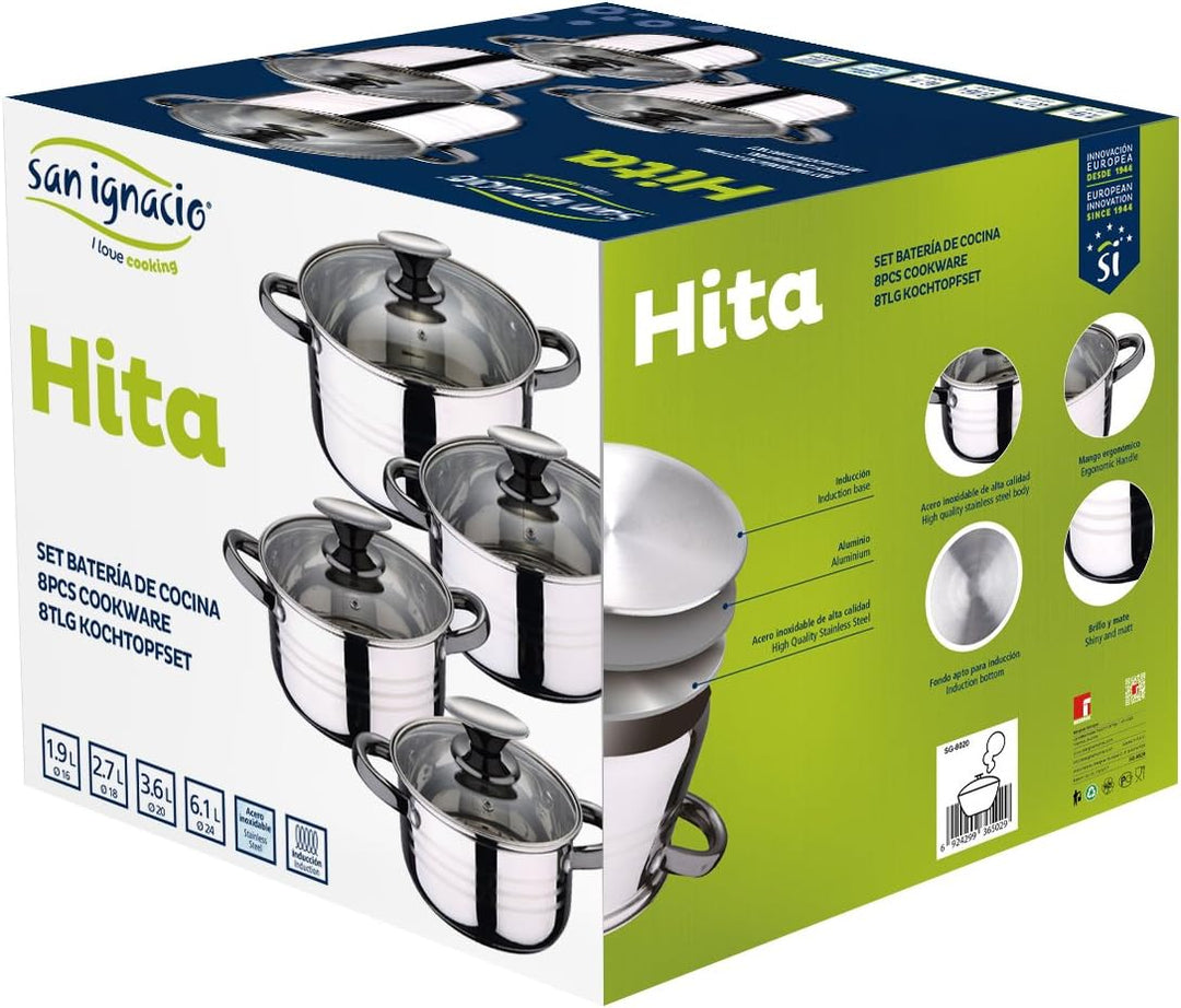 Set, 8 Teile, Edelstahl, mit Glasdeckeln, geeignet für Induktion, Kollektion Altea, Durchmesser: 16