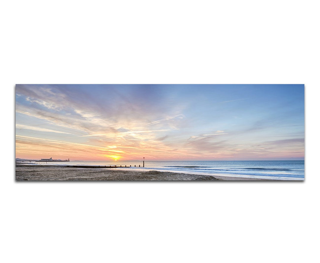 Paul Sinus Art Panoramabild auf Leinwand und Keilrahmen 150x50cm Meer Strand Fischerboot Sonnenaufga