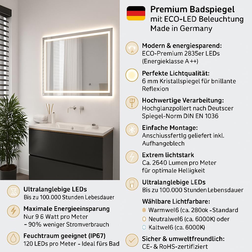 SARAR Badspiegel Spiegel Badezimmerspiegel mit schmaler rundum LED-Beleuchtung 140x70 cm Made in Ger
