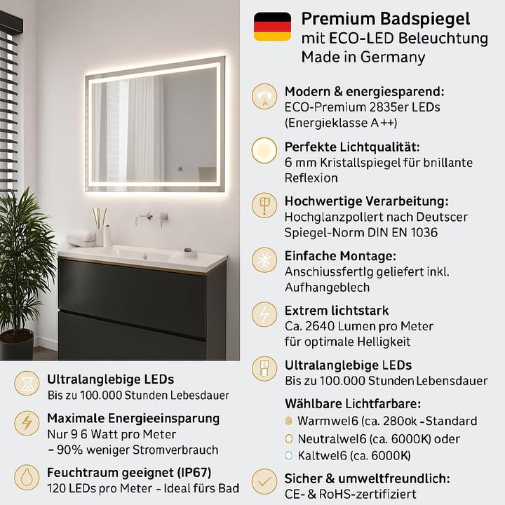 SARAR Badspiegel Spiegel Badezimmerspiegel mit schmaler rundum LED-Beleuchtung 140x70 cm Made in Ger
