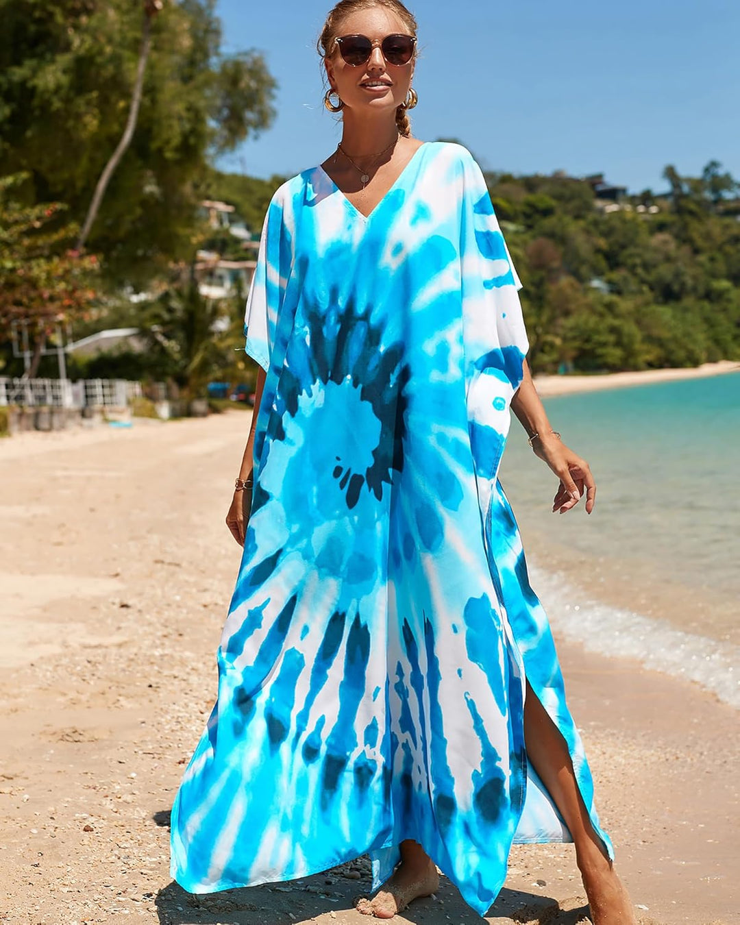 Bsubseach Lose Kaftan Kleider für Frauen Kurzarm Badeanzug Cover Up Casual Urlaub Outfits Blaue Wirb