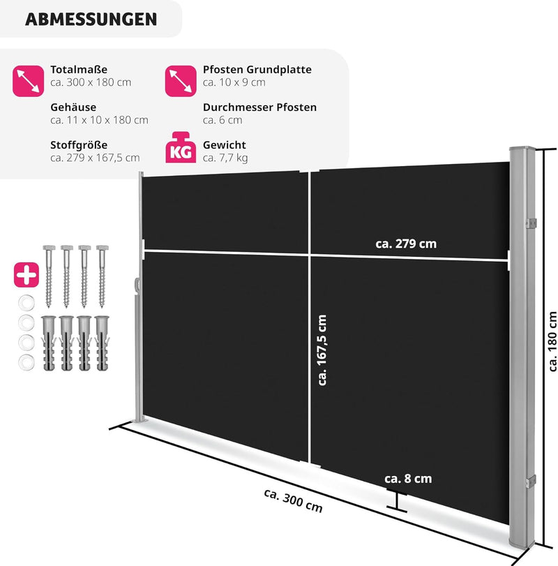 tectake blickdichte Aluminium Seitenmarkise, Wind- und Sichtschutz für Balkon, Garten und Terrasse,