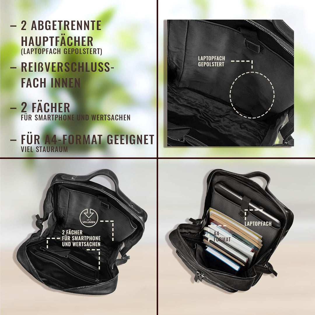Corno d´Oro Handmade Rucksack Herren Leder Gross mit Organizer-Fach I Premium XL Lederrucksack Damen