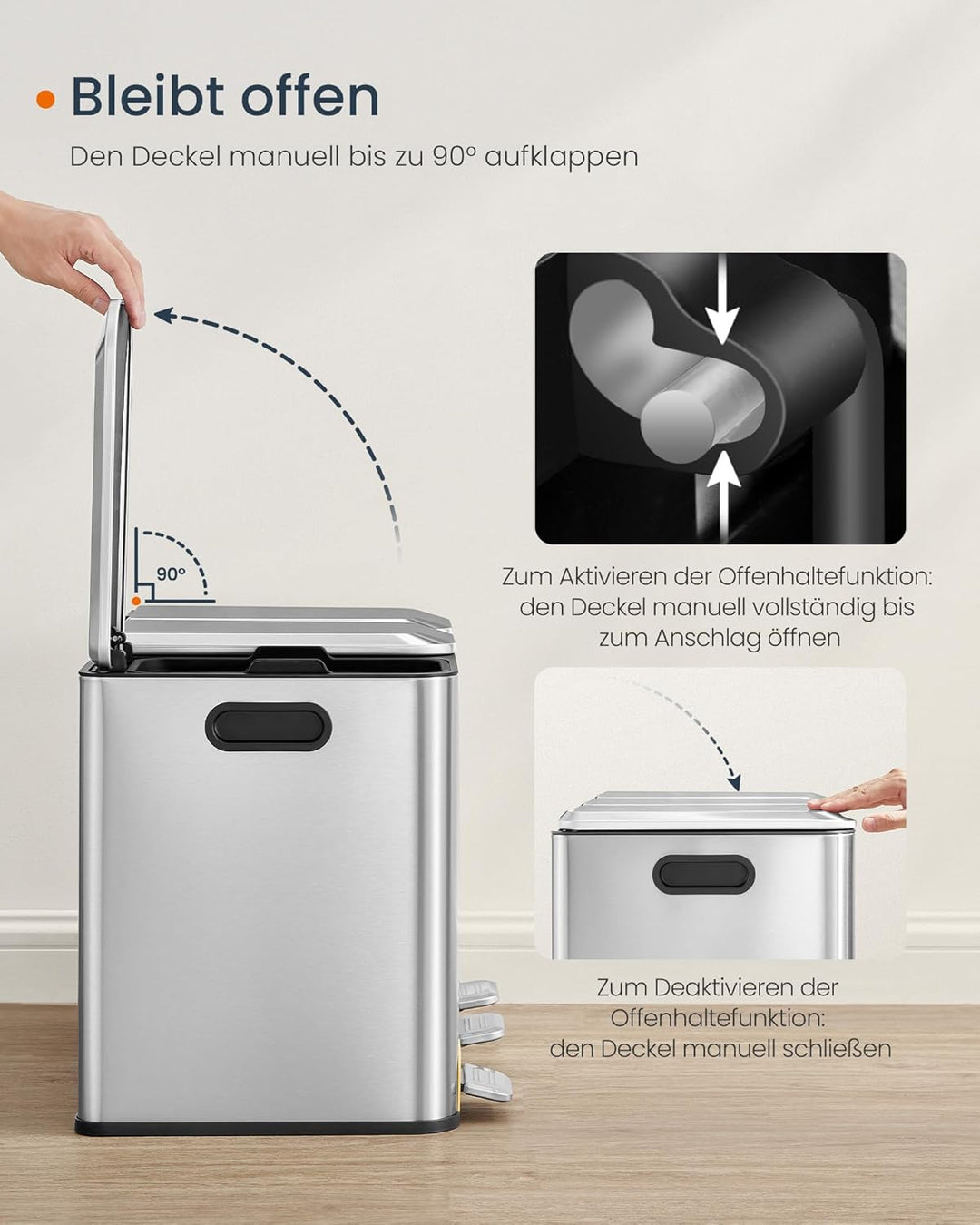 SONGMICS HOME Mülleimer Küche, 3 x 15 L Fächer, Abfalleimer mit farbcodierbaren Pedalen, Mülltrennsy