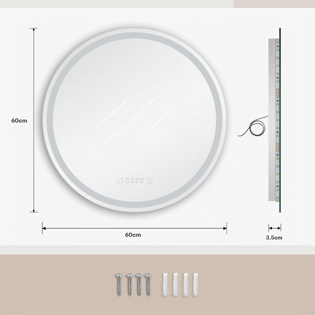 Dripex Badspiegel mit Beleuchtung Rund Led Spiegel mit Uhr und Touch-Schalter, Dimmbar, 3 Lichtfarbe