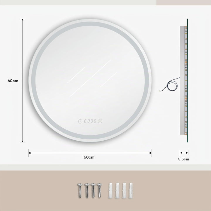 Dripex Badspiegel mit Beleuchtung Rund Led Spiegel mit Uhr und Touch-Schalter, Dimmbar, 3 Lichtfarbe