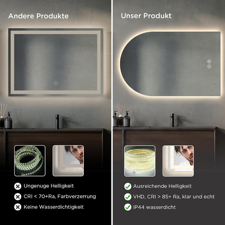 SANYCASA Bogenförmiger Touchspiegel 75x50 cm – LED Badezimmerspiegel mit Anti-Beschlag, 3 Farbtemper