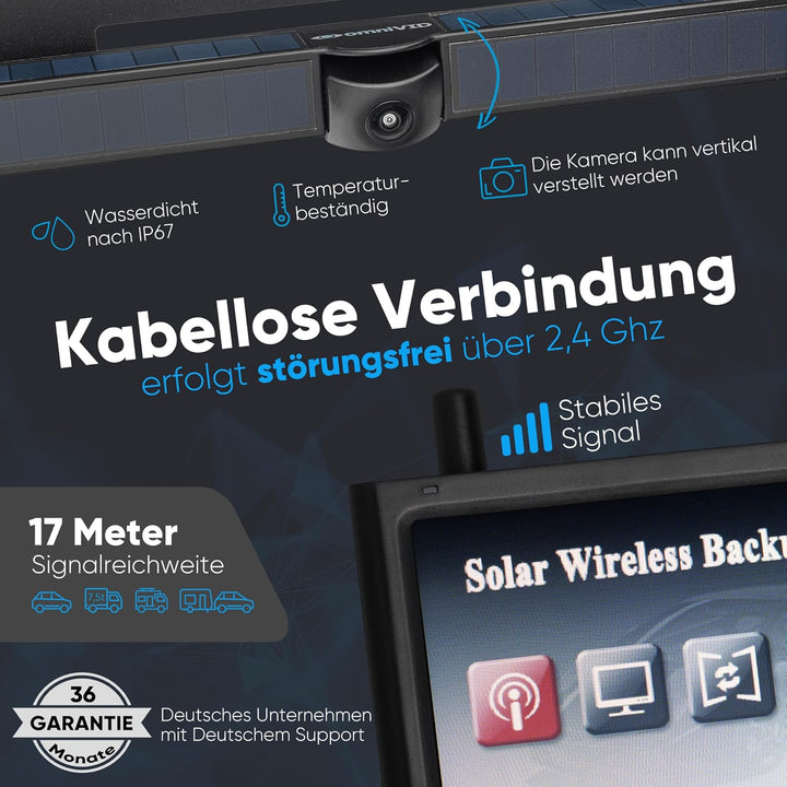 omniVID® Solar4 Premium Solar Rückfahrkamera-System, Kabellos mit 4,3 Zoll Monitor und solarbetriebe