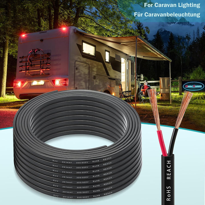 2 Adriges Anhängerkabel - 2x1.0mm² Kupfer Kabel für Anhänger 2 Polig 12V/24V - Anhänger Verlängerung