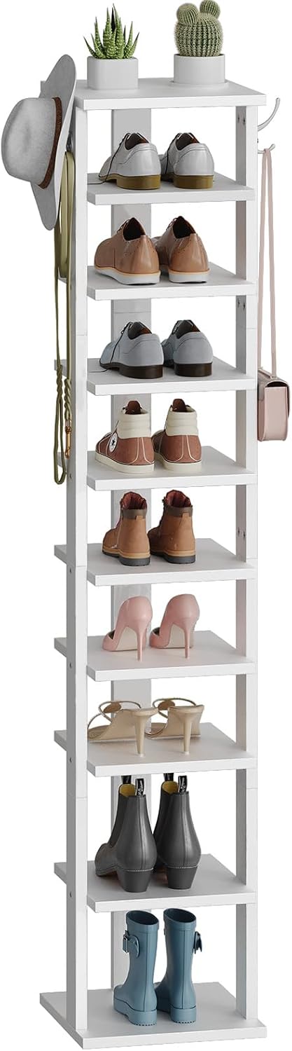 HOOBRO Schuhregal, Standregal, 10-stöckiger Schuhorganisator, schmales Schuhablage, mit Haken, geeig