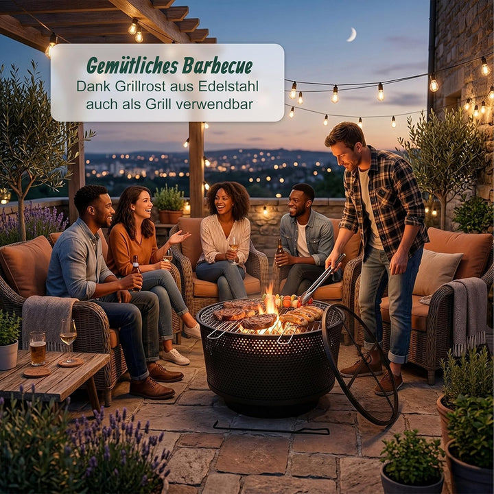 Relaxdays Feuerschale, Ø 61 cm, mit Grillrost, Funkenschutz &amp; Schürhaken, 3 in 1 Feuerstelle Garten,