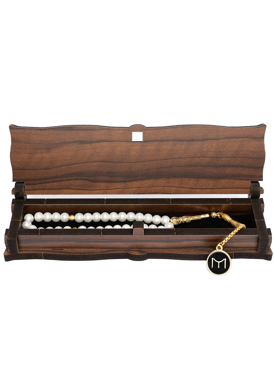 Gök-Türk Elegante Gebetskette/Tesbih mit Schatulle/Tesbih Box - mit goldfarbenem Anhänger 'IYI' Kayi