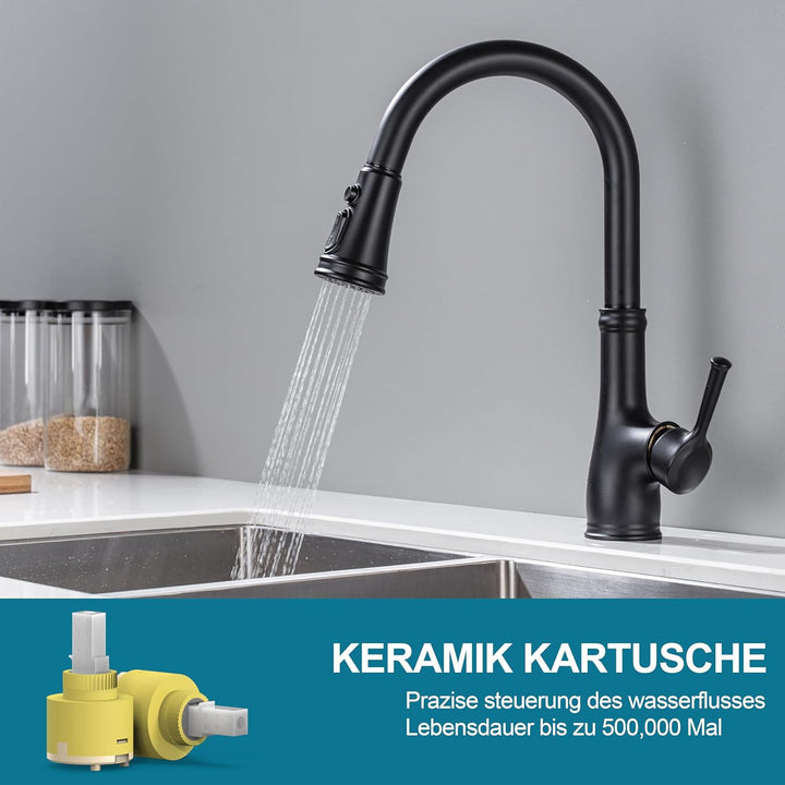 Wasserhahn Küche Schwarz, Küchenarmatur ausziehbar mit Brause, Hochdruck Armatur Küche, Mischbatteri