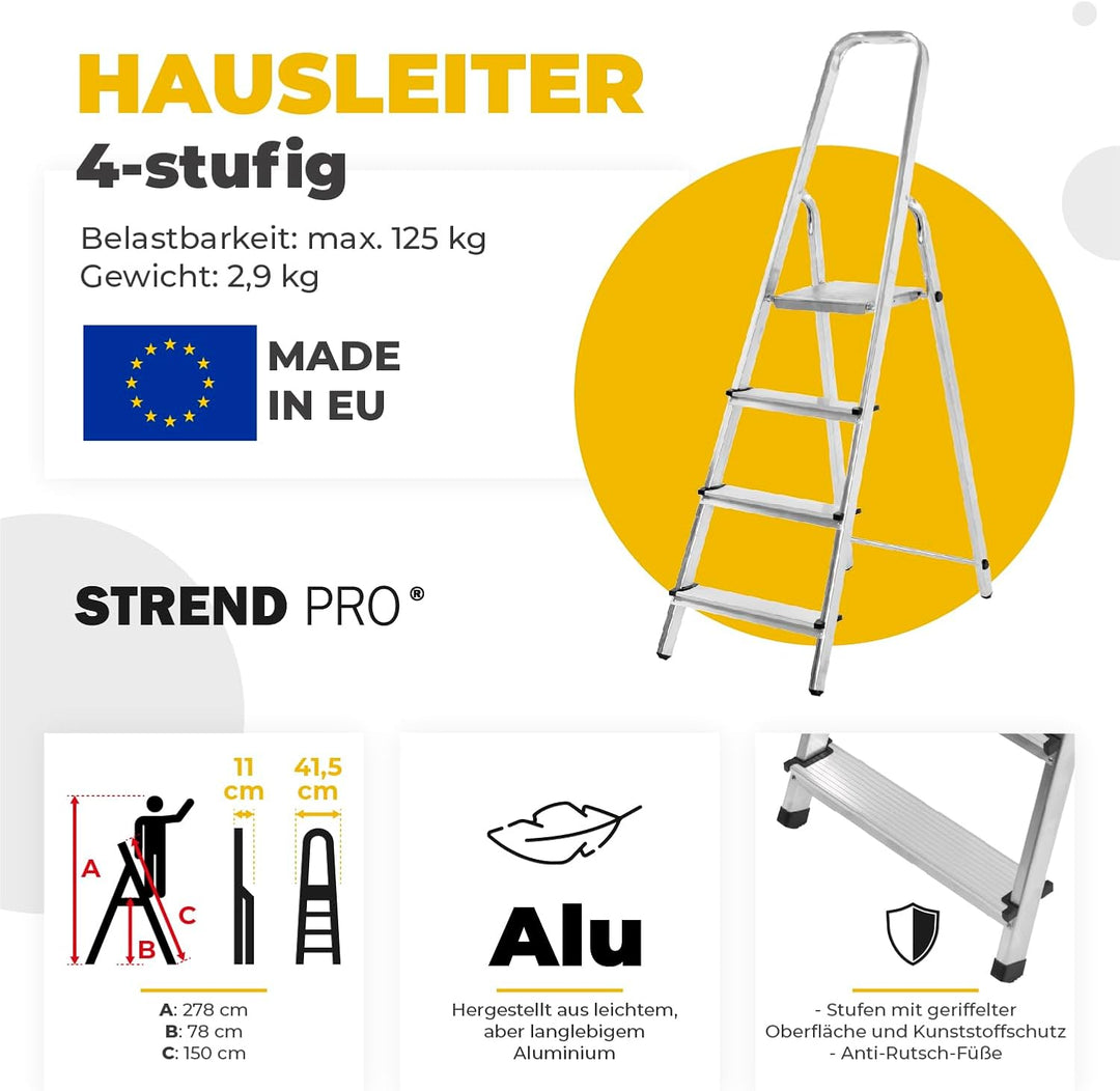 STREND PRO Trittleiter 4 Stufen Klappbar | max. 125kg | Haushaltsleiter 4 Stufen | Stehleiter 4 Stuf