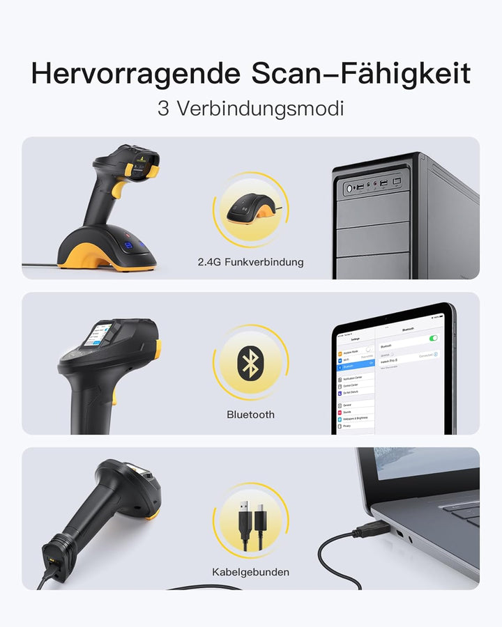 Inateck Barcode Scanner Bluetooth, 2D 1D Wireless Handheld Scanner, QR Code Scanner, mit Screen und