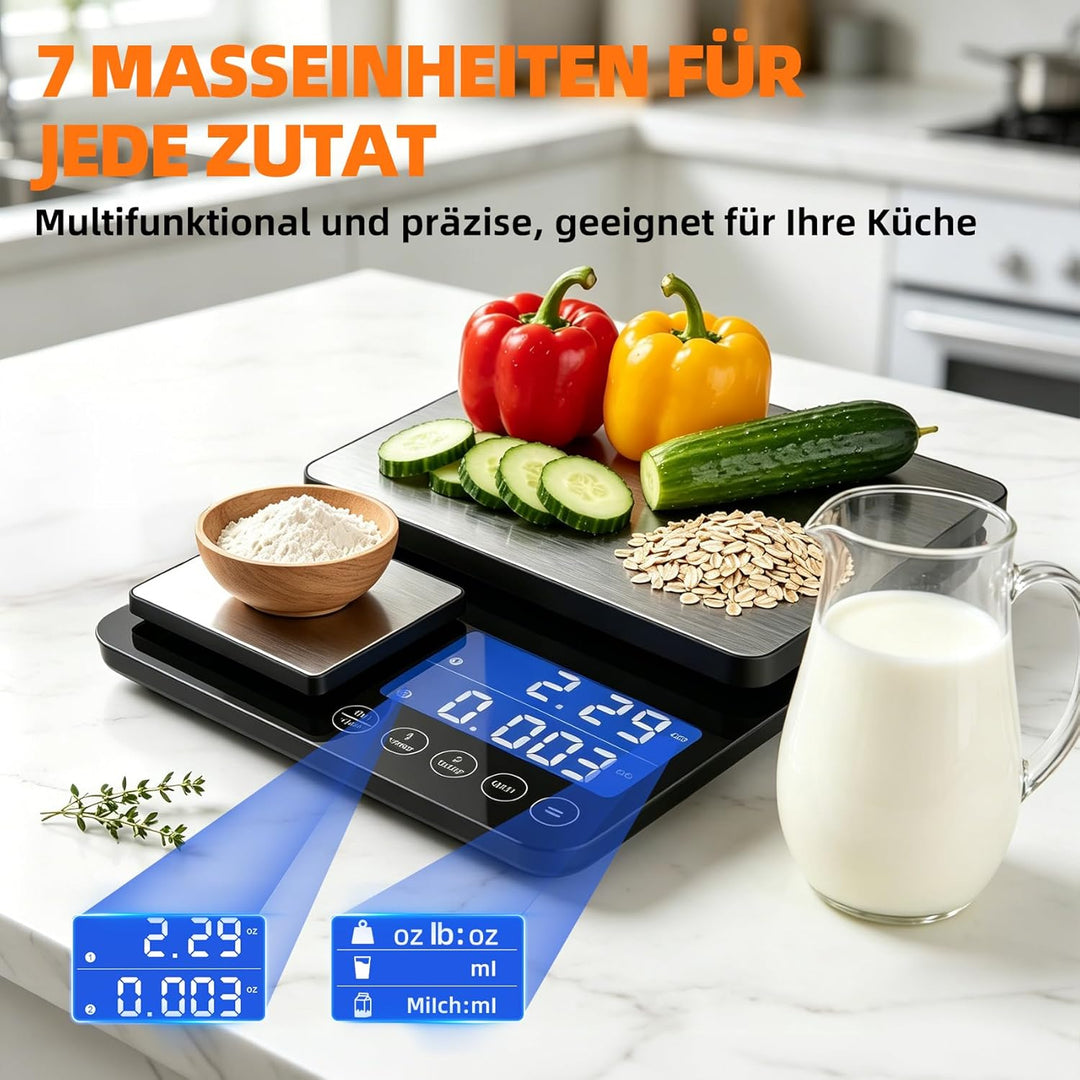 Digitale Küchenwaage mit 2 Plattformen | 15kg/1g & 500g/0.01g Präzisionswaage | 7 Mess-Einheiten, Au