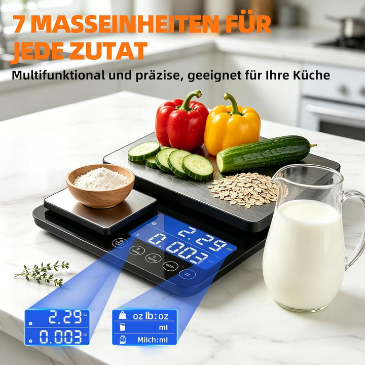 Digitale Küchenwaage mit 2 Plattformen | 15kg/1g & 500g/0.01g Präzisionswaage | 7 Mess-Einheiten, Au