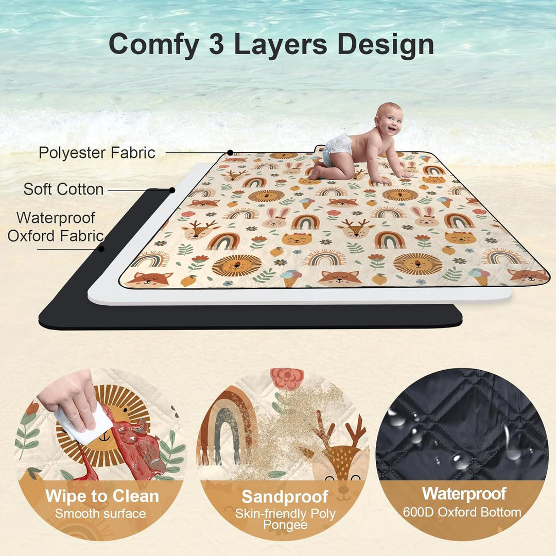 Kinder Picknickdecke Wasserdicht Faltbar, 200x200cm Tragbare Strandmatte Tier Maschine Waschbar, Gro