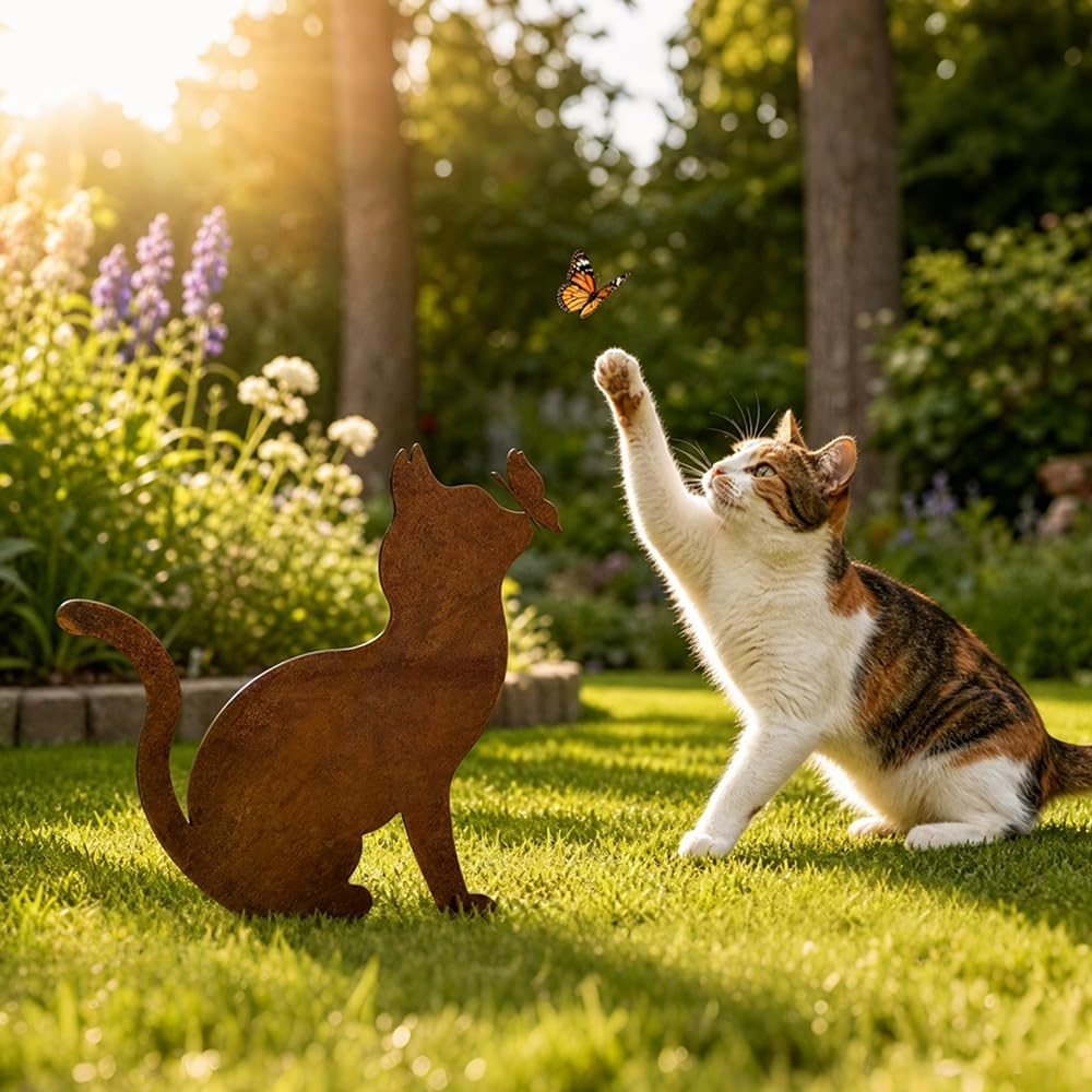 Gartenstecker Rost Katze mit Schmetterling, Gartenstecker Metall, Gartendeko Rost für Draussen, Edel