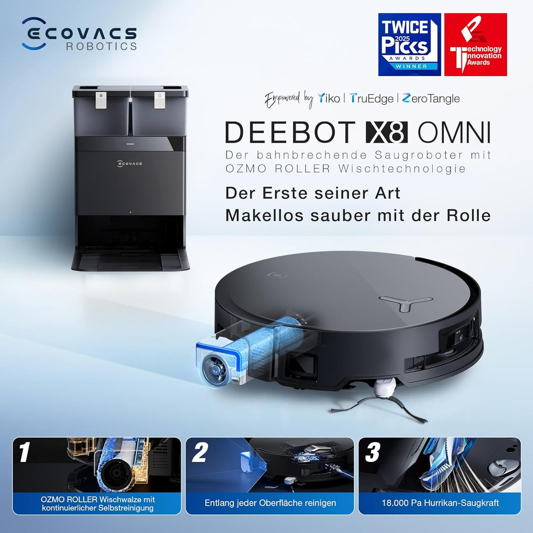 ECOVACS DEEBOT X8 OMNI Saugroboter mit Wischfunktion, 18.000 Pa, OZMO ROLLER Wischwalze mit kontinui