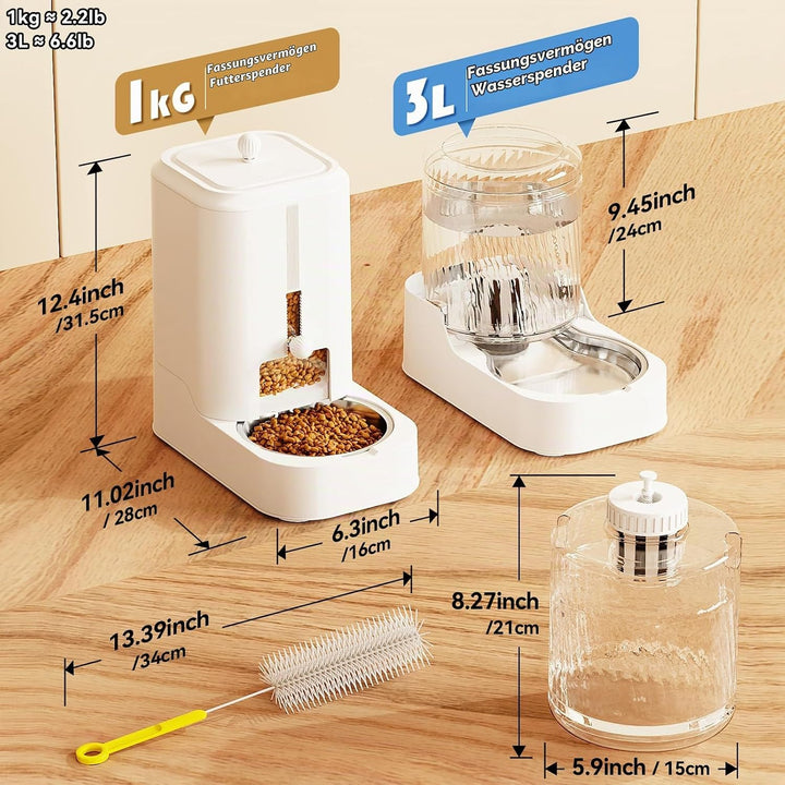 JUNSPOW Automatischer Katzenfutterspender Hund Wassernapfspender Set mit Edelstahlnapf, Einstellbare
