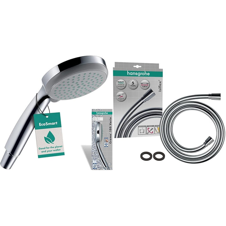 hansgrohe Duschset mit wassersparendem Duschkopf Croma 100, Sparduschkopf, 4 Strahlarten + hansgrohe